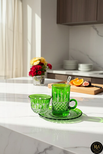 Kristal Market El Yapımı Kristal Desenli Yeşil 6 Kişilik Çay Takımı Set 18 Parça