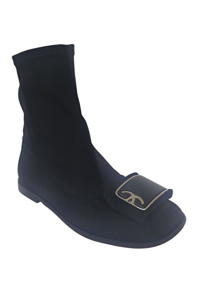 DRY SHOES Hakiki Deri Siyah Süet Streç Kadın Bot Ayakkabı Kare Burun Düz Taban Fermuarlı Tokalı DRY-2115-T