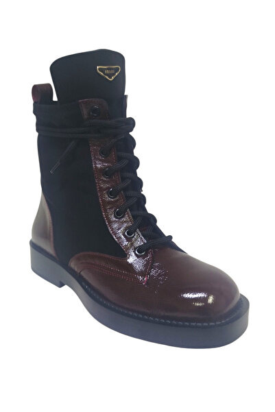 DRY SHOES Hakiki Deri Bordo Paraşut Kadın Bot Ayakkabı Yuvarlak Burun Düz Fer...