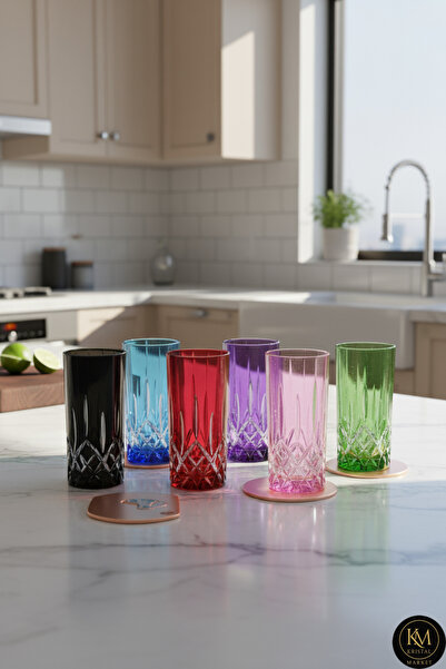 Kristal Market El Yapımı Kristal Cristalleria Italiana Renk Su Bardağı Takımı...