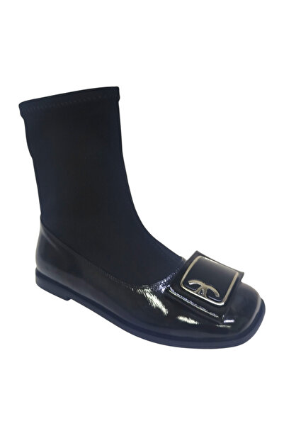 DRY SHOES Hakiki Deri Siyah Rugan Streç Kadın Bot Ayakkabı Kare Burun Düz Tab...