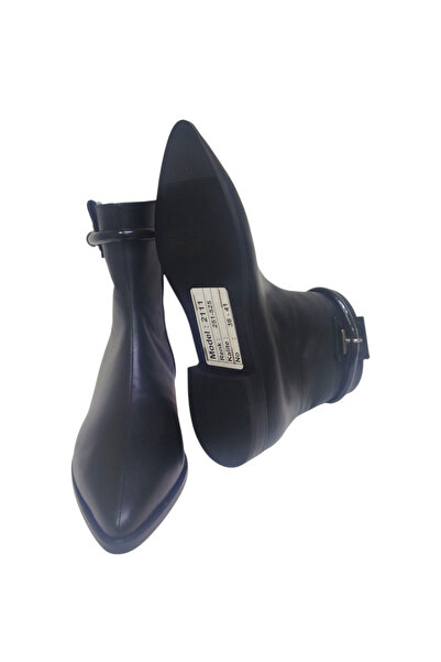 DRY SHOES Hakiki Deri Siyah Kadın Bot Ayakkabı Sivri Burun Düz Taban Fermuarlı Bilekten Bantlı DRY-2111