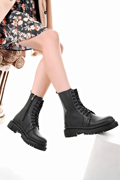 BAHRİNA Μαύρες δερμάτινες μπότες μεσαίου μεγέθους