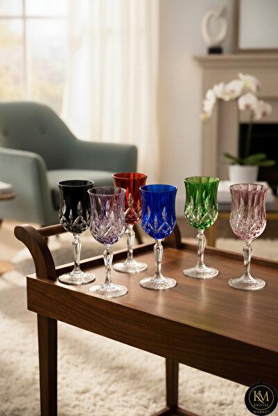 Kristal Market El Yapımı Kristal Cristalleria Italiana Renk Kadeh Takımı 6'lı