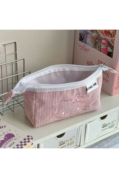 Miniso حافظة أقلام رصاص من قماش مخملي وردي اللون بتصميم هالو كيتي، منظم أدوات مكتبية مدرسية من طبقتين، سعة كبيرة للأطفال