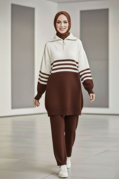 Mercan AYDA TAKIM Triko Tesettür Giyim Kışlık Rahat Kalıp Çizgili Alt Üst İkili Takım Kahverengi