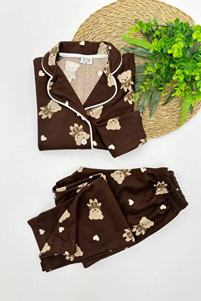 zahider Детски пижамен комплект от велур с мотив на мече с копчета