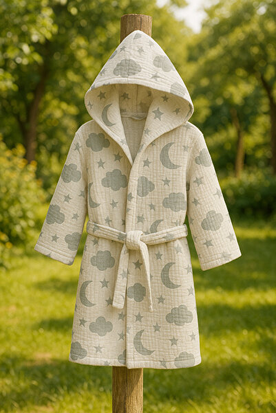 BeygeBaby Gray Cloudy Baby Bathrobe Made of 100% Cotton Muslin Fabric