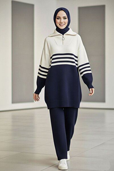 Mercan AYDA TAKIM Triko Tesettür Giyim Kışlık Rahat Kalıp Çizgili Alt Üst İkili Takım Lacivert