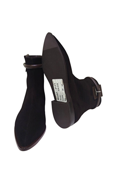 DRY SHOES Hakiki Deri Kahve Süet Kadın Bot Ayakkabı Sivri Burun Düz Taban Fermuarlı Bilekten Bantlı DRY-2111