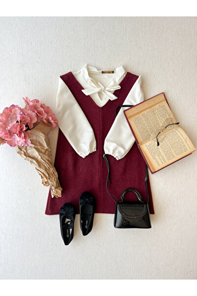 KÜÇÜĞÜM BUTİK Χειμερινό φόρεμα με λαιμόκοψη σε V λαιμόκοψη για κορίτσια μπορντό