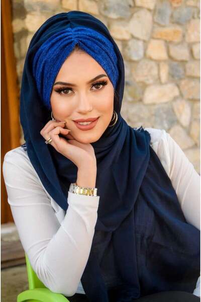 Aişe tesettür Navy Blue Denim Drawstring Ready Shawl