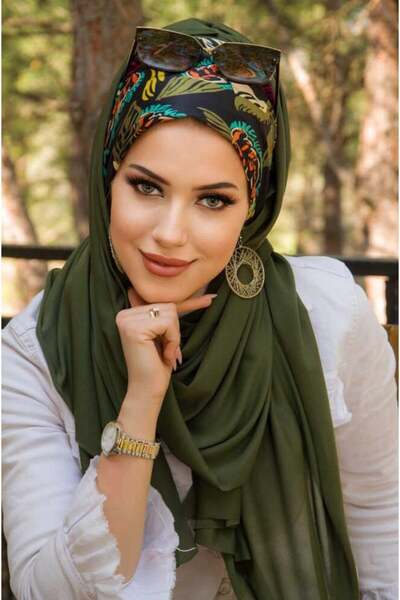 Aişe tesettür Khaki Black Leaf Pattern Bonnet Ready Shawl