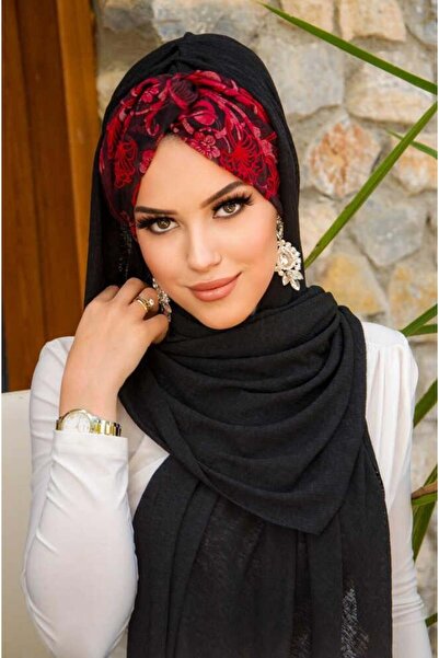 Aişe tesettür Siyah Kırmızı Burgu Hazır Şal