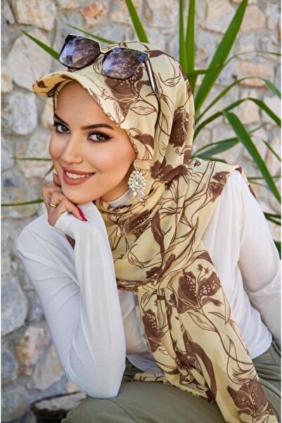 Aişe tesettür Şal cu model de cafea galbenă Uçuk, cu șapcă, bandană