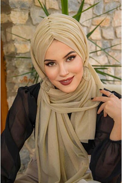 Aişe tesettür Beige Ready Shawl - Glittering Drawstring