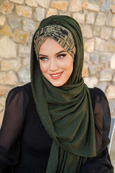 Aişe tesettür Khaki Text Pattern Ready Shawl