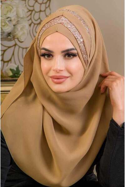 Aişe tesettür Camel Çapraz Bant Abiye Double Şal