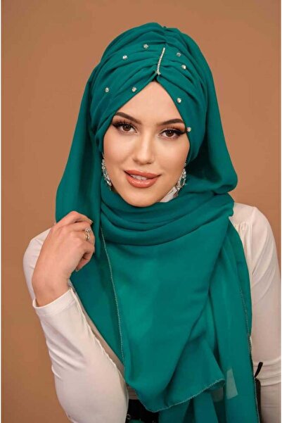 Aişe tesettür Έτοιμο βραδινό φόρεμα με σάλι με μοντέλο βελονιάς από πέτρα πράσινου χρώματος πετρελαίου