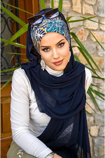 Aişe tesettür Έτοιμο σάλι με μοτίβο λουλουδιών σε μπλε ναυτικό χρώμα