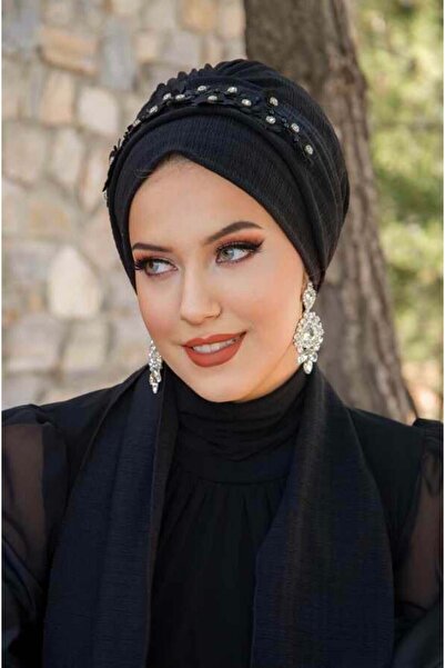 Aişe tesettür Βραδινό φόρεμα με κέντημα από μαύρη πέτρα με μαντήλι και μπόνε