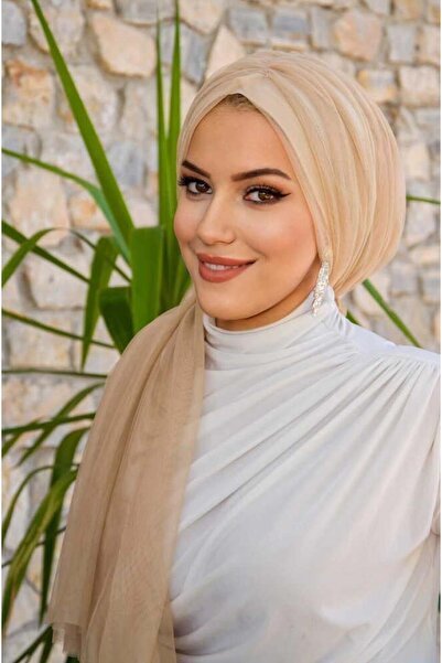 Aişe tesettür Beige Tulle Gathered Wrap Bonnet