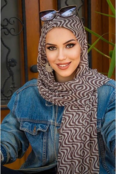 Aişe tesettür Brown Stone Spiral Patterned Bonnet Ready Shawl