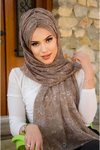 Aişe tesettür Khaki Mink Retro Pattern Ready-Made Shawl
