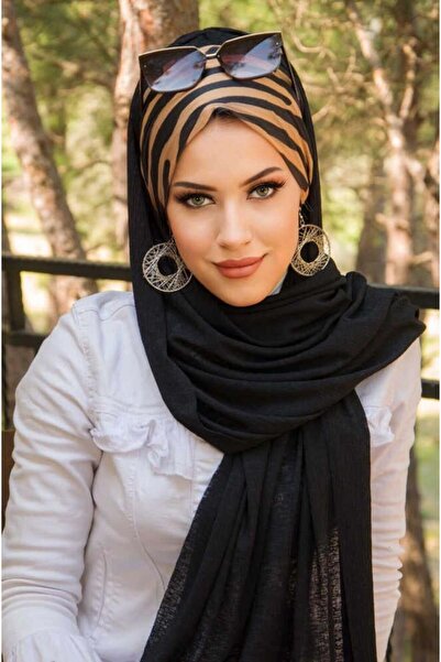 Aişe tesettür Siyah Gold Zebra Desen Bone Hazır Şal