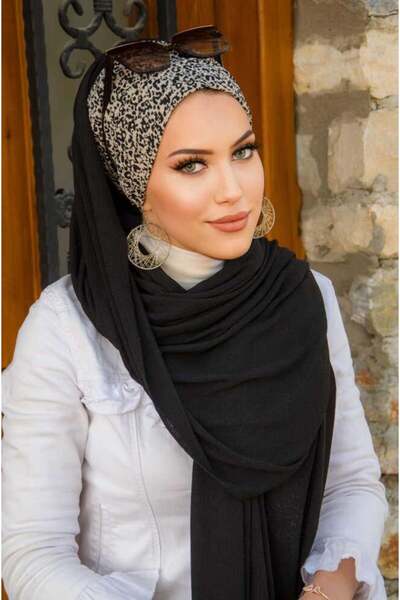 Aişe tesettür Μαύρο εκρού πουά μπονέτο έτοιμο σάλι