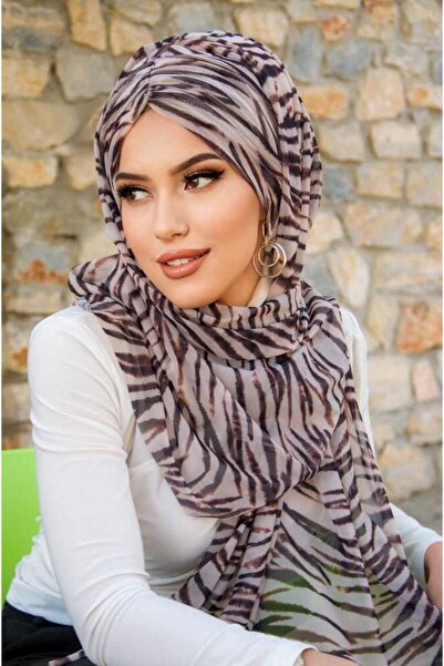 Aişe tesettür Brown Zebra Pattern Ready Shawl