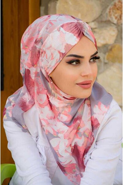 Aişe tesettür Pudra Gri Desenli Hazır Şal Eşarp