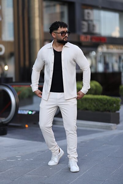 L-KOM Çizgili Slim Fit 2li Takım (Gömlek & Pantolon) - Pamuklu Rahat Takım Elbise