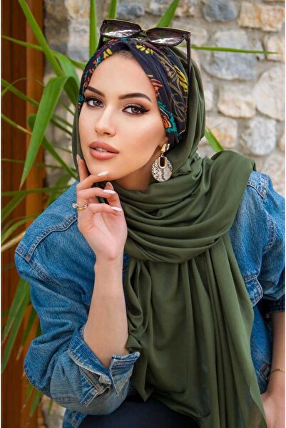 Aişe tesettür Khaki Black Gathered Ready Shawl - 50601