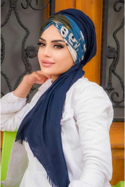 Aişe tesettür شال جاهز برباط منقوش باللون الأزرق الداكن