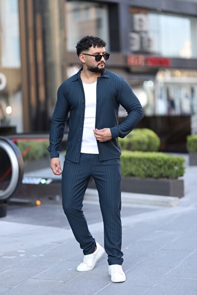 L-KOM طقم مكون من قطعتين بقصة ضيقة مخططة (قميص وبنطلون) - بدلة قطنية مريحة