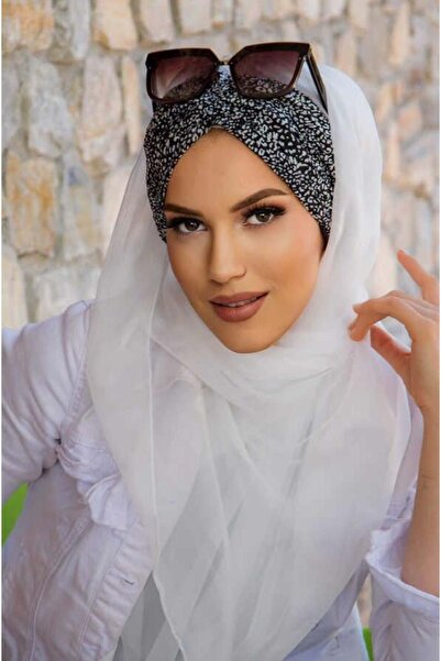 Aişe tesettür Λευκό μαύρο πουά με κορδόνι έτοιμο σάλι