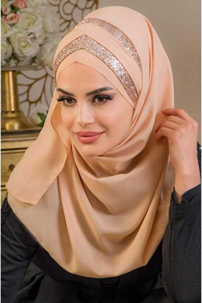 Aişe tesettür Açık Bej Çapraz Bant Abiye Double Şal