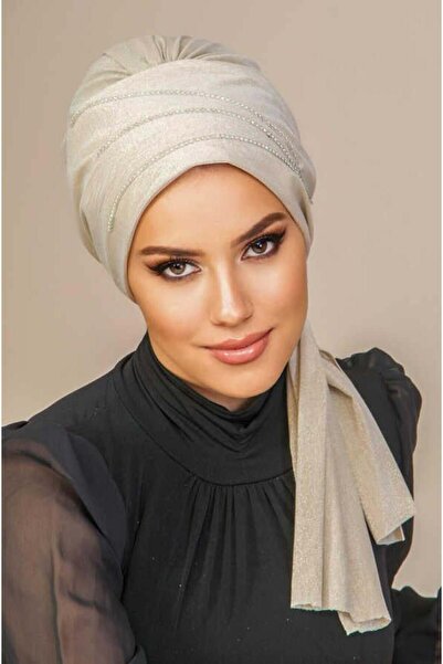 Aişe tesettür Βραδινό φόρεμα Ecru Stone με σάλι και μπόνε