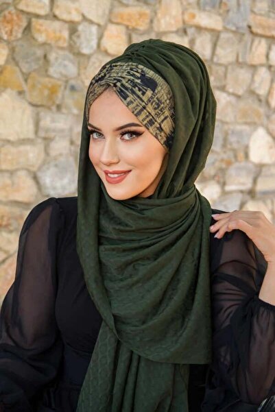 Aişe tesettür Khaki Text Pattern Ready Shawl