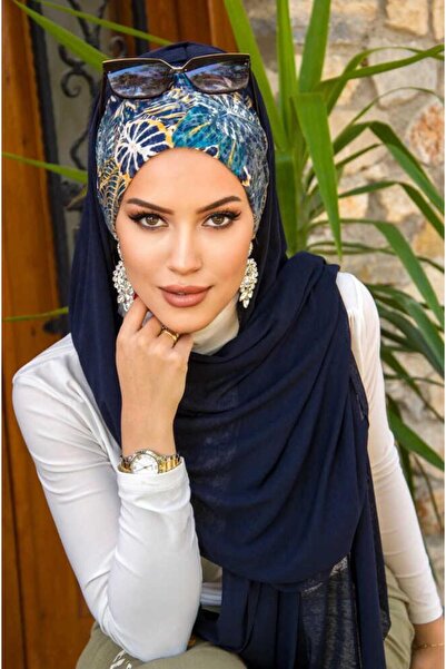 Aişe tesettür Έτοιμο σάλι με μοτίβο λουλουδιών σε μπλε ναυτικό χρώμα