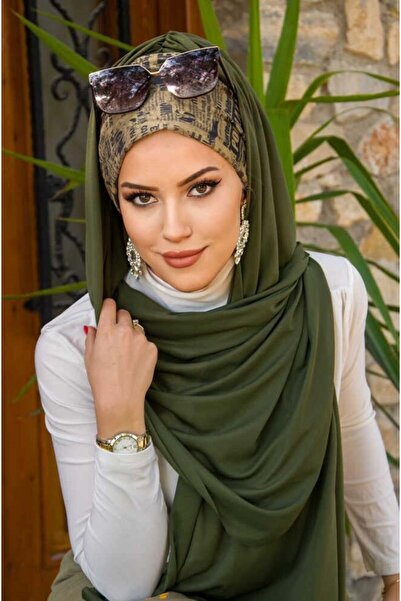 Aişe tesettür Khaki Text Patterned Bonnet Ready Shawl