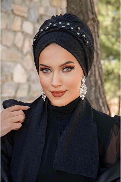 Aişe tesettür Βραδινό φόρεμα με κέντημα από μαύρη πέτρα με μαντήλι και μπόνε