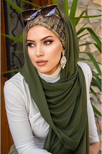 Aişe tesettür Khaki Text Patterned Bonnet Ready Shawl