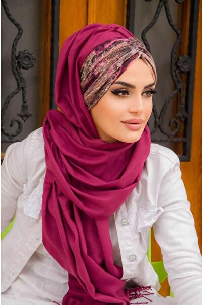 Aişe tesettür شال جاهز منقوش باللون الكرزي