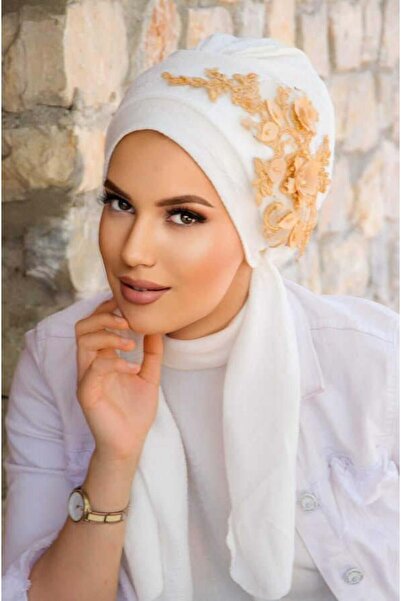 Aişe tesettür Βραδινό καπό φόρεμα με κεντημένο φουλάρι από λευκό χρυσό - 60101