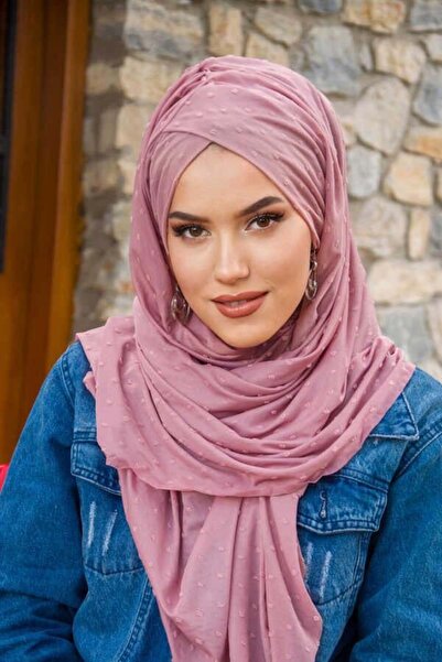 Aişe tesettür Pudra Ponpon Çapraz Bantlı Hazır Şal