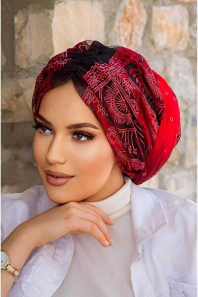 Aişe tesettür Red Black Shirred Wrapped Bonnet