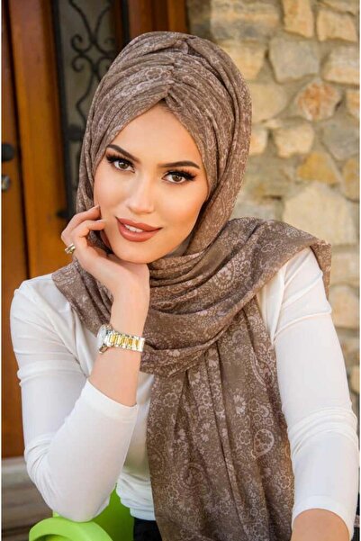 Aişe tesettür Khaki Mink Retro Pattern Ready-Made Shawl