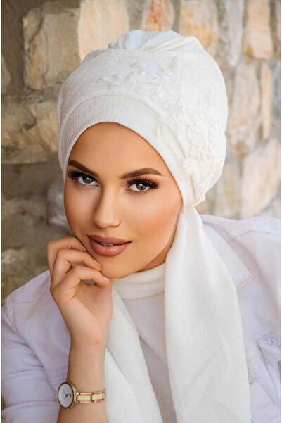 Aişe tesettür Βραδινό φόρεμα με λευκό κεντημένο κασκόλ - 60101